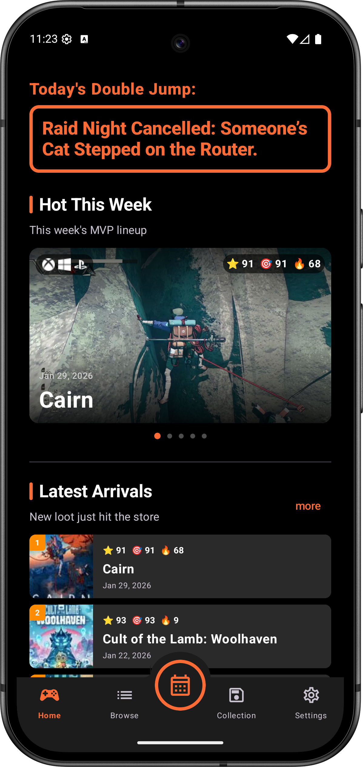 Double Jump app home screen showing trending games and upcoming releases